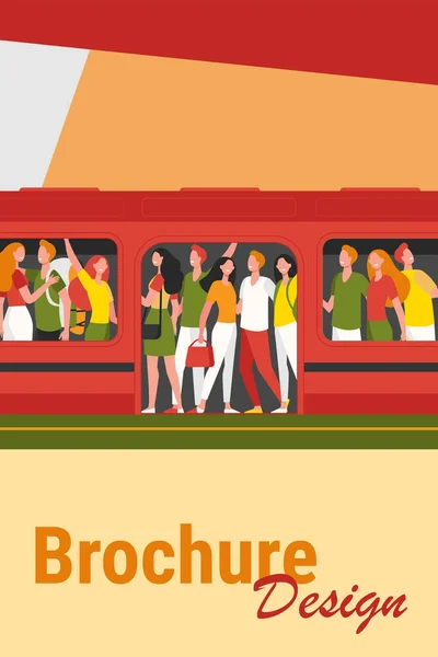 Crowd of happy people travelling by subway train. Passengers standing in overcrowded subway car at station. Cartoon illustration for overpopulation, rush hour, public transport, commuters concept