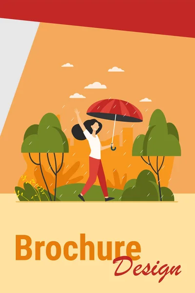 Happy woman walking in rainy day with umbrella isolated flat vector illustration. Cartoon female character being outdoors and autumn rain. Landscape and weather concept