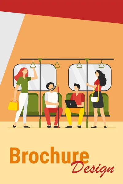 People traveling by subway or underground flat vector illustration. Cartoon sitting and standing in train of city metro. Public transport and trip concept