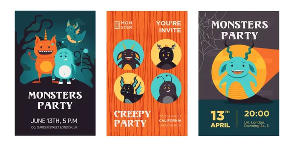 Colorful Monster Party Invitation Designs Funny Creatures Bright Creepy Party — Stock Vector