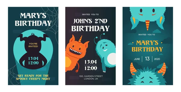 Creative Birthday Invitation Designs Cute Monsters Trendy Masquerade Party Invitations — Stock Vector