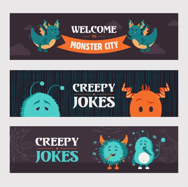 Creepy Jokes Banner Designs Party Cute Monsters Creatures Dark Background — Stock Vector