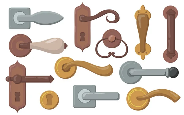Λαβές Πόρτας Έτοιμες Παραδοσιακά Κουμπιά Κλειδαρότρυπες Μοντέρνα Μεταλλικά Πόμολα Εικονογράφηση — Διανυσματικό Αρχείο