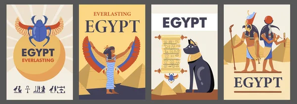 Egypt Posters Set Egyptian Pyramids Cats Gods Isis Scarab Vector — Vector de stock
