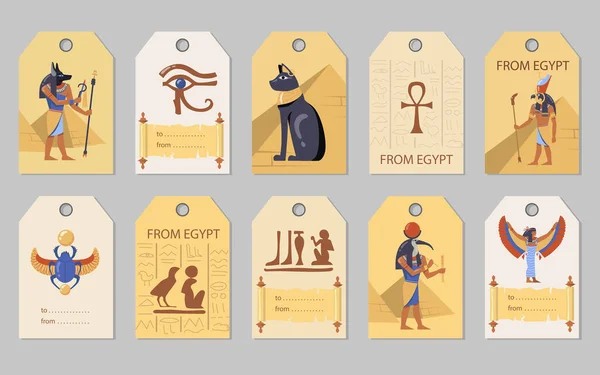 Desde Egipto Conjunto Etiquetas Pirámides Egipcias Gatos Dioses Ilustraciones Vectoriales — Vector de stock