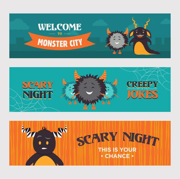 Modern Banner Designs Furry Monsters Welcome Monster City Banners Party — Stock Vector