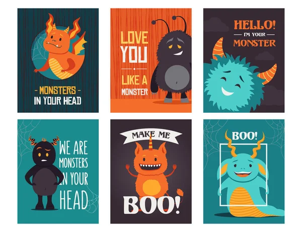 Modern Greeting Card Designs Monsters Creative Boo Postcards Text Funny — Stock Vector