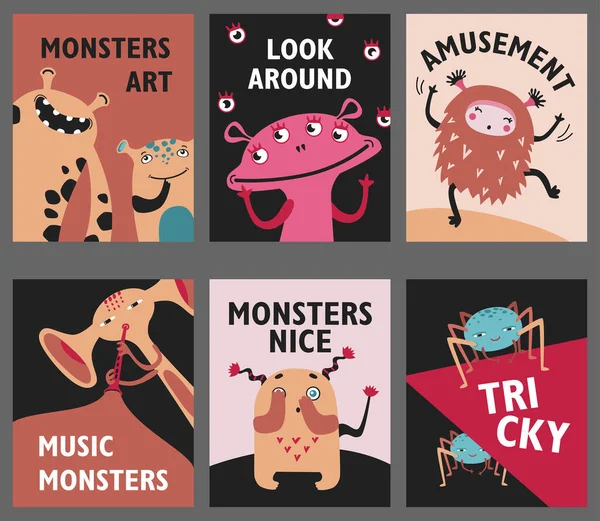 Monsters Posters Set Cute Creatures Beasts Vector Illustrations Amusement Music — Stock Vector