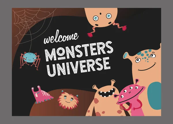 Monsters Universe Page Cover Design Cute Funny Creatures Beasts Vector — Stock Vector