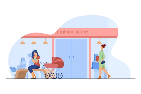 Mother Feeding Baby Fashion Outlet Store Pram Shopping Flat Vector — стоковый вектор