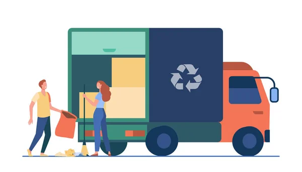 Mensen Laden Afval Truck Afval Pick Met Recycling Teken Vlakke — Stockvector