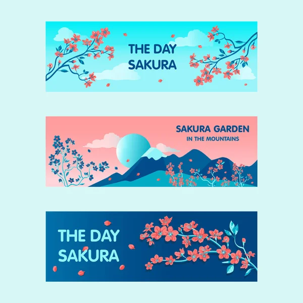 Sakura Garden Banners Design Promotion Bright Modern Blooming Flowers Branches — Wektor stockowy