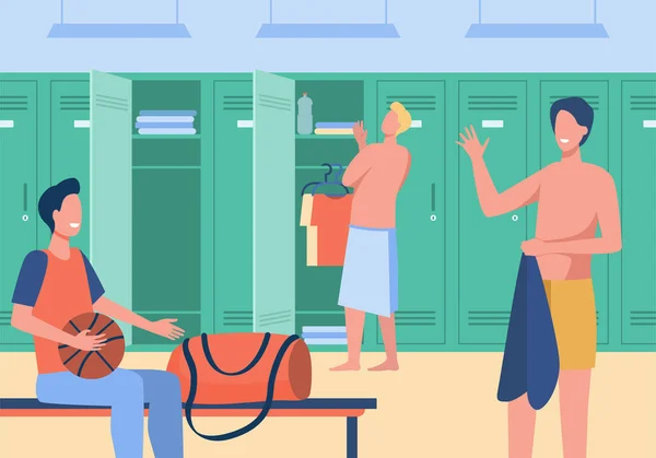 Sport gym locker room with men flat vector illustration. Cartoon male football team changing clothes for training. Soccer team and sport game concept