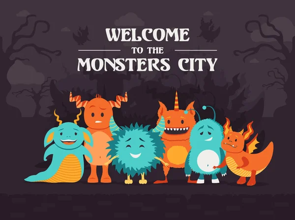 Stylish Background Design Cute Monsters Standing Creepy Forest Welcome Monsters — Stock Vector