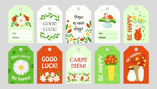 Trendy Tags Design Flowers Bright Graphic Elements Greeting Text Floral — Archivo Imágenes Vectoriales