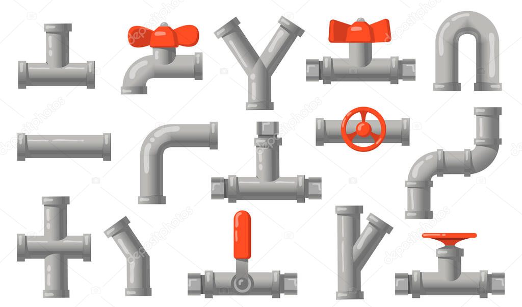 Plumbing pipes set. Grey metal tubes with valves, industrial pipelines, water drains isolated on white background. Flat vector illustrations for engineering, connection system concept