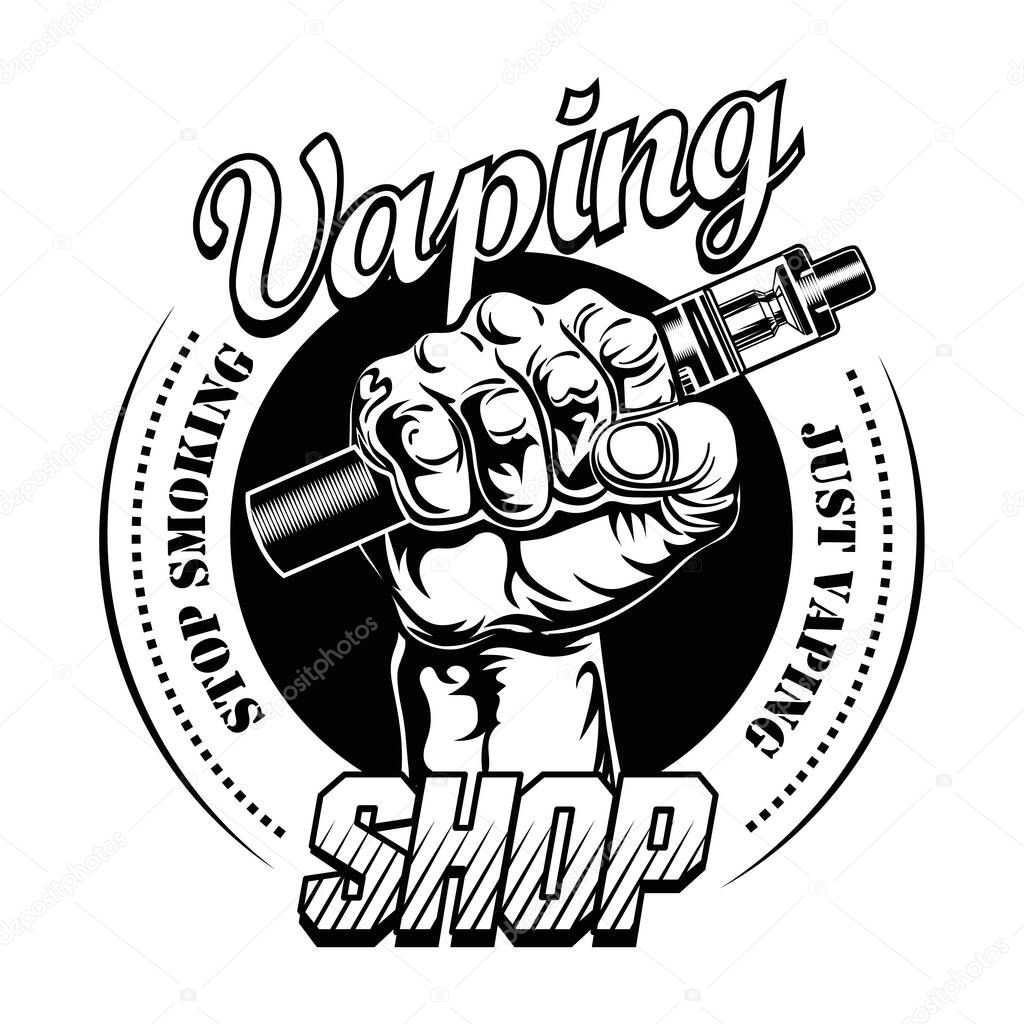 Hand pf vaper vector illustration. Male hand holding electronic cigarette, stop smoking text, stamp. Retail concept for vape bar or store label, poster or emblem template