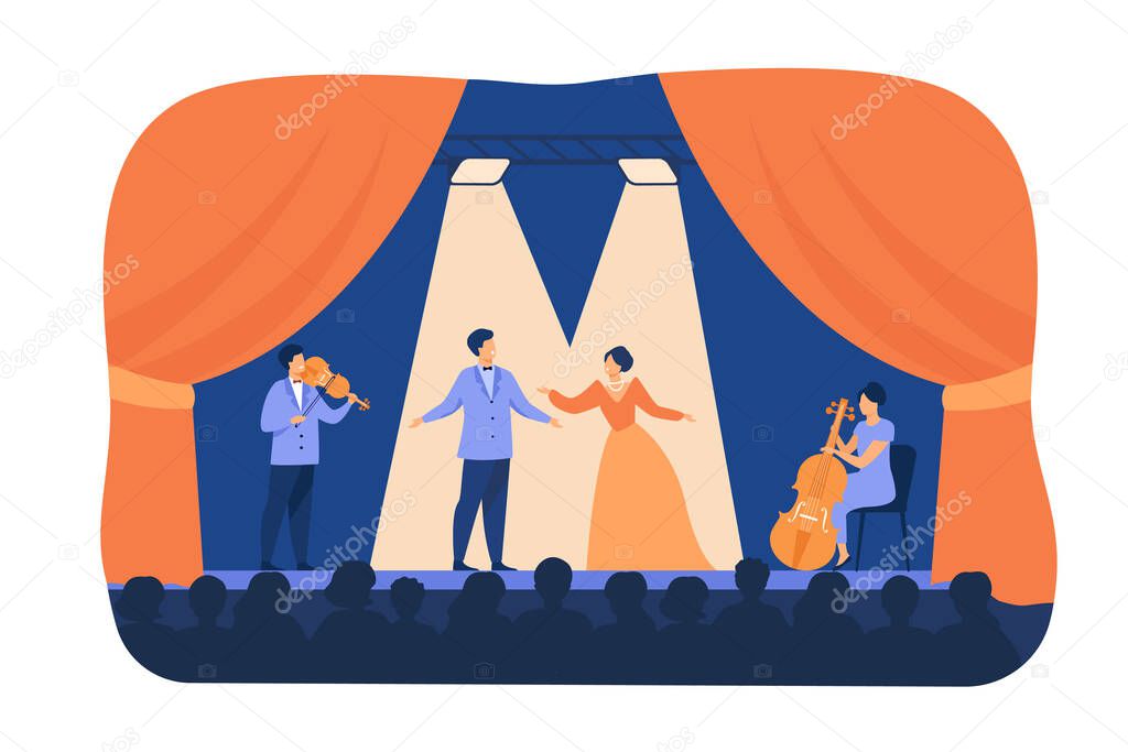 Opera singers playing on stage with musicians. Theatre performers wearing costumes, standing under spotlights and singing before audience. Flat cartoon illustration for drama, performance concept