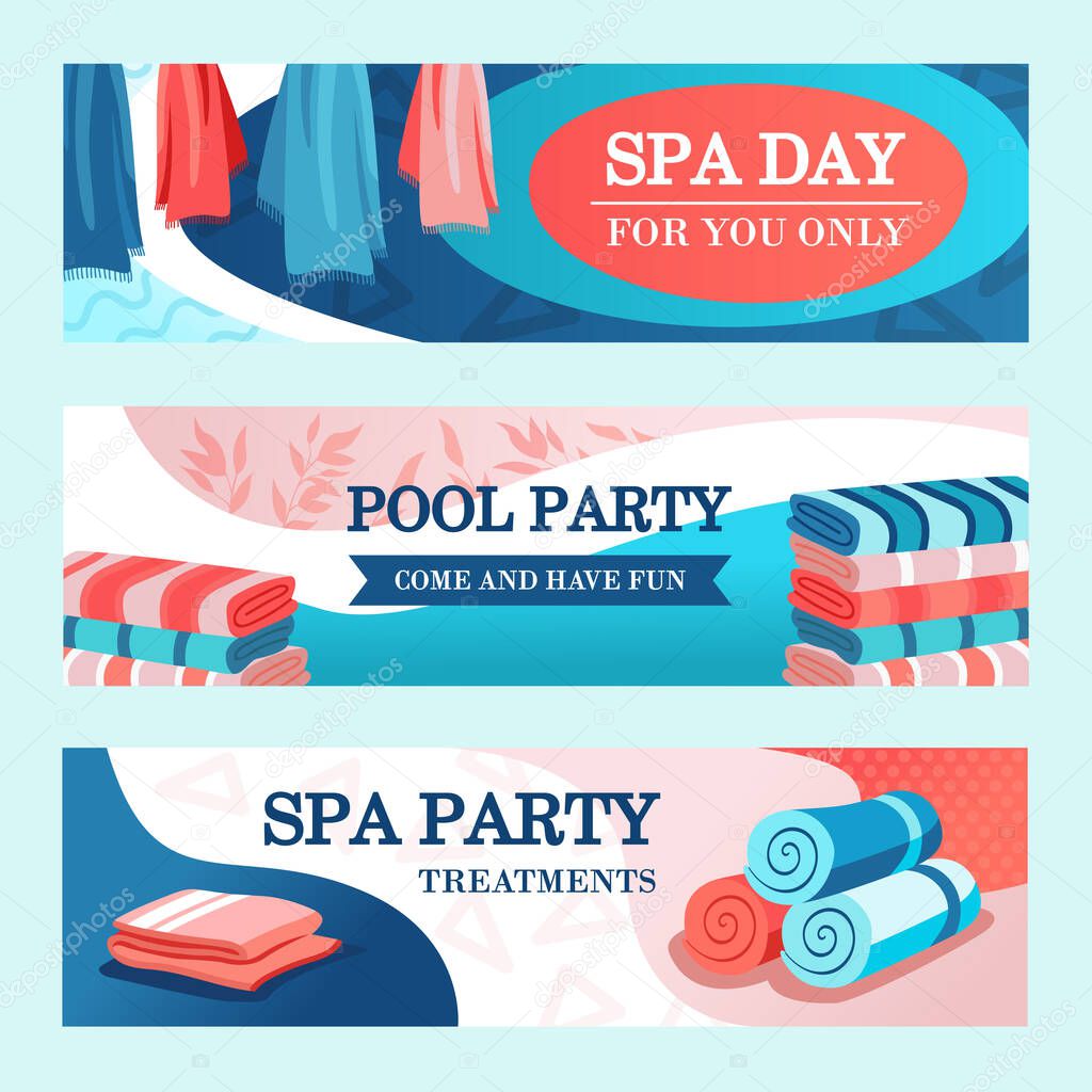 Spa party banners design with towels. Bright modern leaflet with rolled and stacked towels. Spa and relaxation concept. Template for poster, promotion or web design