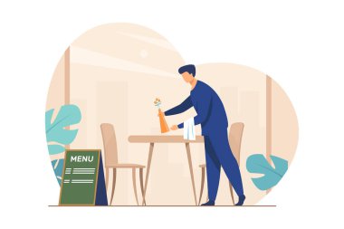 Waiter preparing cafe for opening. Restaurant worker cleaning table after customers leaving flat vector illustration. Catering, service, job concept for banner, website design or landing web page
