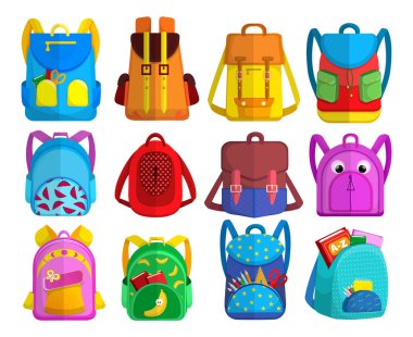 Parlak çocuksu sırt çantaları koleksiyonu. Açık cepleri, çantaları ve sırt çantaları olan ilkokul çocukları için renkli çantalar. Düz vektör çizimi beyaz arkaplanda izole edildi