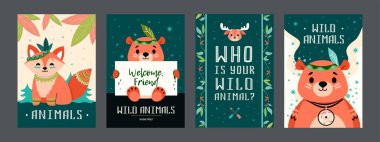 Çizgi film hayvan posterleri. Şirin ayı, tilki, süslemeli geyik. Metinli vektör çizimleri. El ilanları ve broşürler için vahşi yaşam konsepti