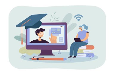 Neşeli kadın internette çalışıyor, bilgisayardan webinar izliyor, online kurs alıyor. Bilgi, eğitim, uzaklık öğrenme kavramı için vektör illüstrasyonu
