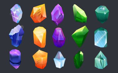 Renkli mücevher koleksiyonu seti. Değerli taşlar, soyut şekil ve renklerden mücevherler, sihirli kristal, zümrüt, siyah arka planda izole edilmiş kehribar. Mücevherler için düz çizim, evet oyunu, jeoloji konsepti