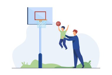Babam küçük oğlumla basketbol oynuyor. Baba, çocuğun basket düz vektör çizimine topu atmasına yardım ediyor. Aile, spor etkinliği, pankart için oyun alanı konsepti, web sitesi tasarımı veya iniş web sayfası