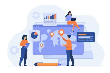 İşaretler ve çizelgelerle uluslararası haritayı analiz eden bir grup profesyonel. Ekip küresel iş araştırması yapıyor. Pazarlama, analiz ve dünya çapında genişleme kavramları için vektör illüstrasyonu