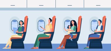 Koltuklarında oturan mutlu uçak yolcuları, alet kullanıyorlar, çocuğu kucağında tutuyorlar, bastondan içiyorlar. Uçak, uçuş, ulaşım konsepti için vektör illüstrasyonu