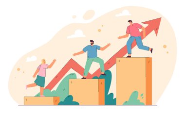 Liderlik ve takım çalışması konsepti. Ekip lideri çalışanlara üst kata çıkmalarında yardım edecek. Çalışanlar birbirine el uzatıyor ve büyüyen diyagramın üstüne tırmanıyor.