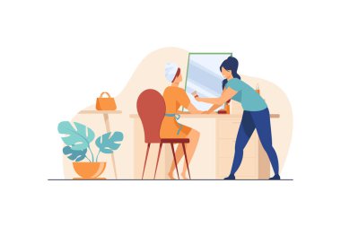 Makyöz kadın üzerinde çalışıyor. Asistan fırça, ayna, kozmetik, tuvalet masası düz vektör çizimi. Güzellik hizmetleri, afiş için cazibe konsepti, web sitesi tasarımı veya iniş sayfası