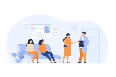 Klinikteki doktor ofisinde bekleyen hamile kadınlar, koltukta ya da danışmanlık uzmanları. Annelik için vektör çizimi, hamilelik bakımı, doğum öncesi bakım konsepti