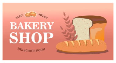 Pastanenin arka plan tasarımında taze ekmek var. Lezzetli pastalı web sayfası. Lezzetli yemek ve şekerleme konsepti. Tanıtım veya davet kartı şablonu