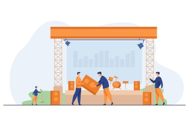 Teknisyenler konser için ses ekipmanı hazırlıyorlar. Sahne, festival, hoparlör düz vektör çizimi. Pankart, web sitesi tasarımı veya iniş web sayfası için eğlence ve müzik kavramı