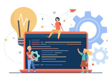 Küçük şirin çocuklar kodlamayı öğreniyor. Dizüstü bilgisayar, ampul, düz vektör çizimi. Pankart, web sitesi tasarımı veya iniş web sayfası için programlama veya dijital teknoloji kavramı