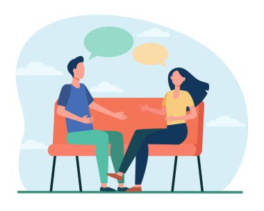 Genç bir çift evde tartışıyor. Kadın ve erkek kanepede oturup düz vektör çizimlerini konuşuyorlar. Çakışma, ilişki, pankart, web sitesi tasarımı veya iniş web sayfası için iletişim kavramı