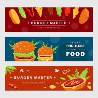 Fast food dağıtımı için reklam pankartları. En iyi kalite yemekler için hamburgerci bayrağı. Sağlıksız yemek ve beslenme konsepti. Poster, promosyon veya web tasarımı şablonu