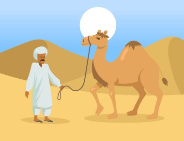 Çölde tek hörgüçlü devesi olan bir Arap. Vahşi dromedary hayvanı ve doğadaki Bedevi çizgi film karakterleri. Düz vektör çizimi. Mısır manzara kavramı