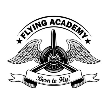 Flying Academy etiket tasarımı. Retro uçak pervaneli tek renkli element, metinli kartal kanatları çizimi. Pullar ve amblemler için pilot eğitim okulu konsepti