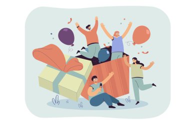 Bir grup arkadaş doğum gününü kutluyorlar, hediye kutusundan konfeti ve balonla atlıyorlar. Sürpriz parti, kutlama, festival etkinliği, hediyeler, eğlence, arkadaşlık konsepti için vektör illüstrasyonu