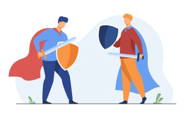 Şövalyelik oynayan ve savaşan adamlar. Savaşçı rolleri, kostümler, pelerinler, kılıç, kalkanlar. Düz vektör çizimi. Savaş, tartışma, sancak oyunu konsepti, web sitesi tasarımı veya iniş web sayfası