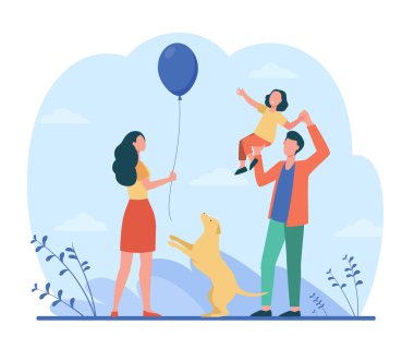 Mutlu ebeveynler ve kızları birlikte eğleniyorlar. Köpek, baba, anne düz vektör çizimi. Pankart, web sitesi tasarımı veya iniş sayfası için aile ve ebeveynlik kavramı