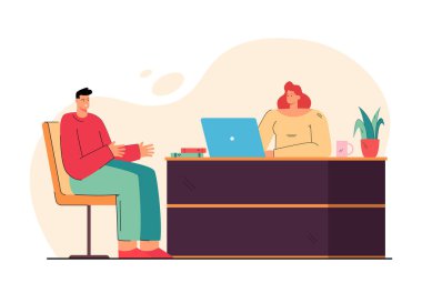 İK 'dan kadın ve iş adayı adam görüşme için toplanıyor, ofiste konuşuyorlar. Acemi ajan ve çalışan sohbeti. İşe alım, iş arama, kariyer, istihdam kavramı için vektör illüstrasyonu