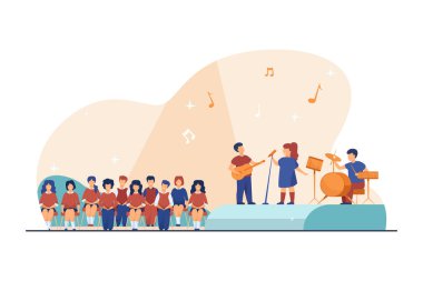 Çocuk yetenek yarışması. Sahnede şarkı söyleyen, enstrüman çalan ve düz vektör illüstrasyonunu söyleyen bir grup çocuk. Okul konseri, pankart için eğlence konsepti, web sitesi tasarımı veya iniş web sayfası