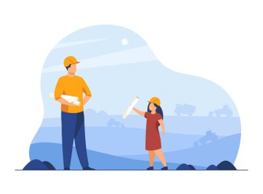 Erkek mühendis çocuğuyla birlikte çalışıyor. Miğfer, baba çocukla çalışıyor. Düz vektör çizimi. Aile, babalık, sancak mühendisliği, web sitesi tasarımı veya iniş web sayfası