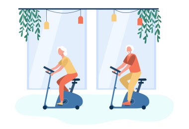 Spor salonunda egzersiz bisikleti eğitimi alan yaşlı insanlar. Emeklilik, vücut, sağlık yassı vektör çizimi. Pankart, web sitesi tasarımı veya iniş web sayfası için spor etkinliği ve emeklilik kavramı