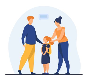 Ebeveynler güzel kızını okula hazırlıyor. Aşk, çalışma, sırt çantası düz vektör çizimi. Sancak, web sitesi tasarımı veya iniş sayfası için eğitim ve ebeveynlik kavramı