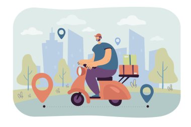 Profesyonel kurye Scooter düz vektör illüstrasyonunda sipariş veriyor. Çizgi filmci nakliye paketi. Ekspres dağıtım servisi ve GPS navigasyon kavramı